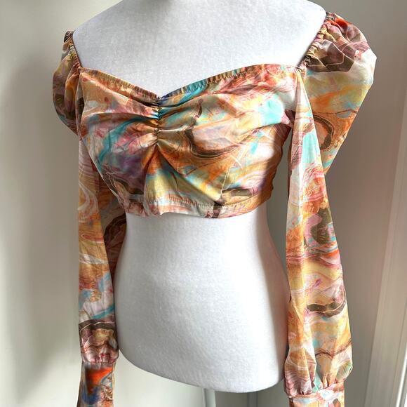 Festival Pastel Marble Boho Fairy Ruched Crop Blouse Long Sleeve 4 / Small NWT - Picture 3 of 10